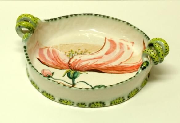 Almond pink blossom cassoulet - high-fired earthenware, hand painted and glazed, 10 x 27 x 32cm