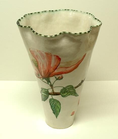 Almond pink blossom vessel - high-fired earthenware, hand painted and glazed, 40.5 x 26.5 x 27cm