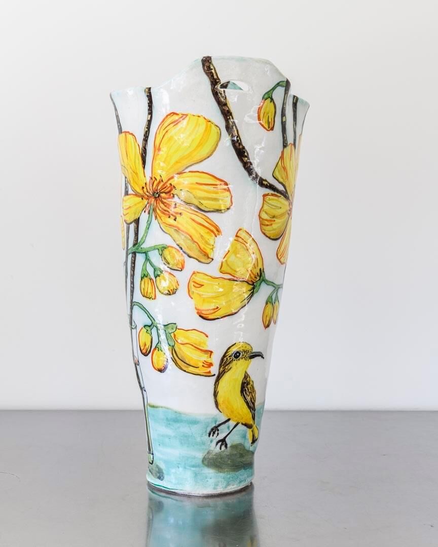 Kapok Flowers with Robin Double Handled Vessel
