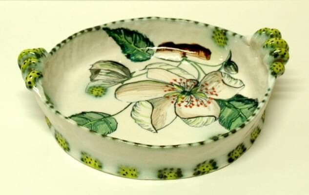 Pound pear white blossom cassoulet - high-fired earthenware, hand painted and glazed, 10 x 28 x 34cm