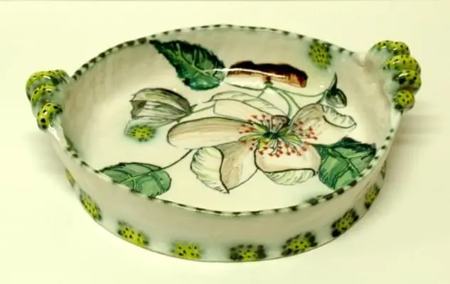 Pound pear white blossom cassoulet - high-fired earthenware, hand painted and glazed, 10 x 28 x 34cm