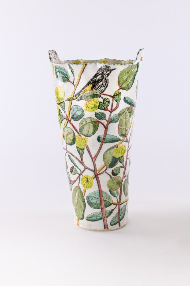 Flowering Gum Vessel with New Holland Honeyeater