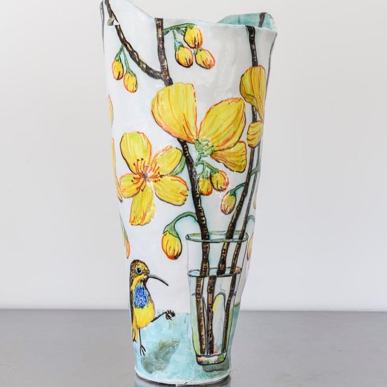 Kapok Flowers in Glass Double Handled Vessel Back