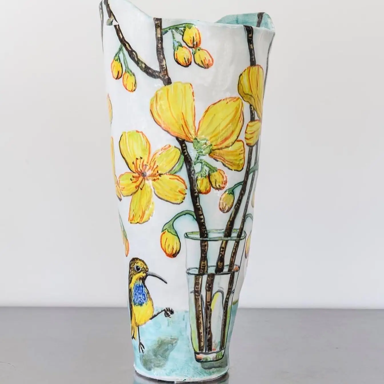 Kapok Flowers in Glass Double Handled Vessel Back