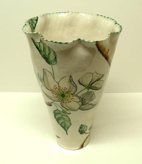 Pound pear white blossom vessel - high-fired earthenware, hand painted and glazed, 38.5 x 26 x 26cm