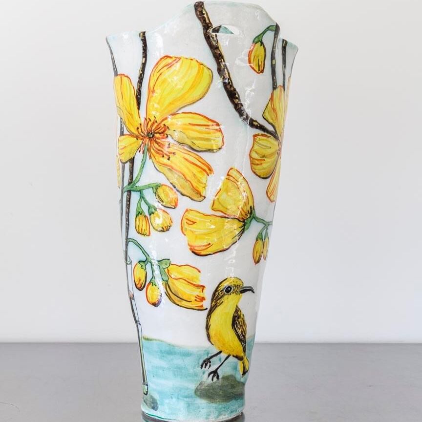 Kapok Flowers with Robin Double Handled Vessel