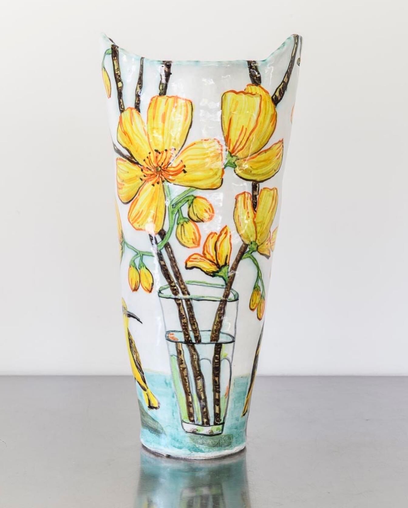 Kapok Flowers in Glass Double Handled Vessel Front