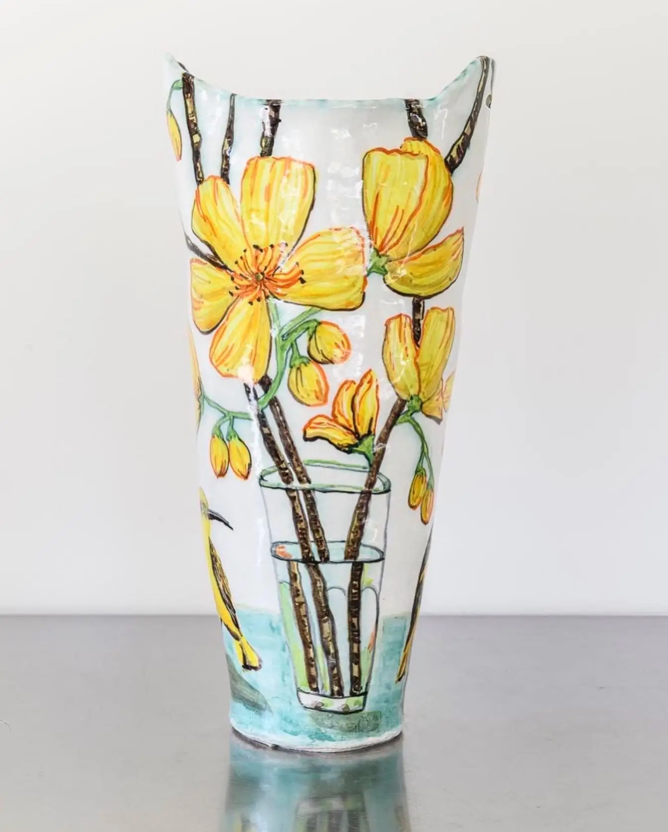 Kapok Flowers in Glass Double Handled Vessel Front