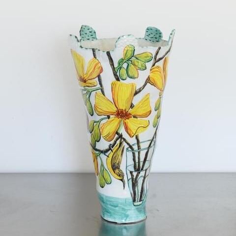 Olive-backed Sunbird and Kapok Tree Flower Blue-handled Vessel_Back