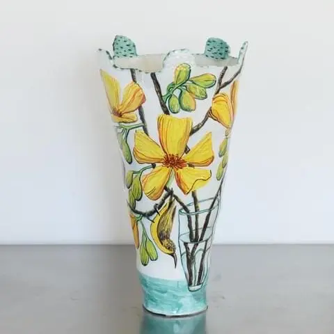 Olive-backed Sunbird and Kapok Tree Flower Blue-handled Vessel_Back