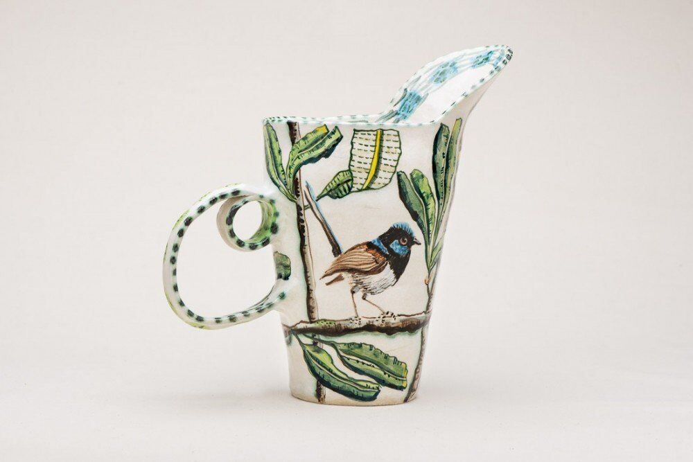 Blue Wren Double-handle pitcher with Green