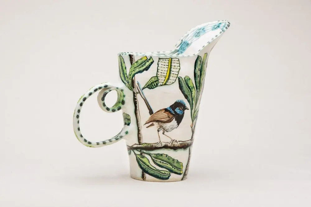 Blue Wren Double-handle pitcher with Green