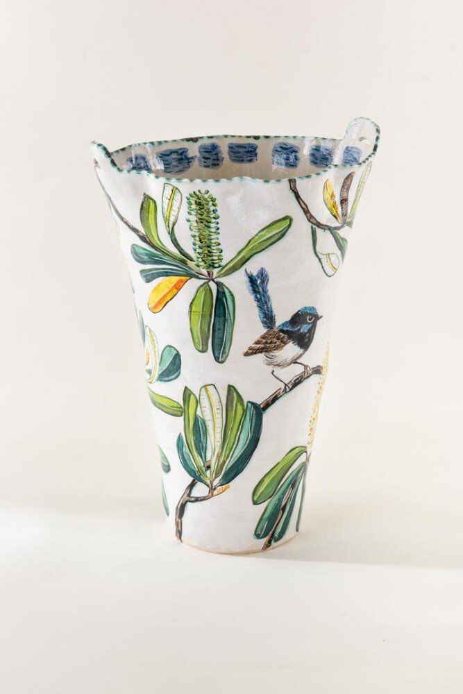 Vessel with two handles, Blue Wren and banksia