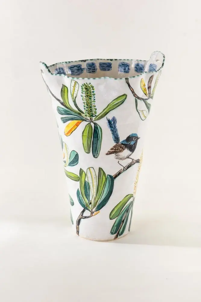 Vessel with two handles, Blue Wren and banksia