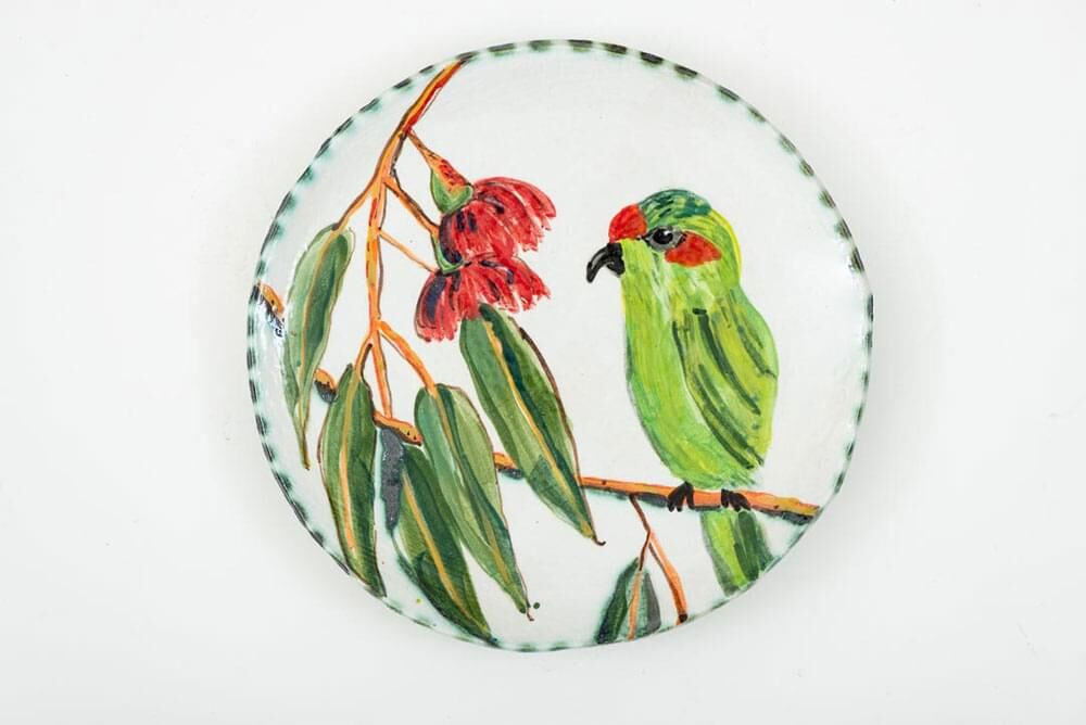 Musk lorikeet plate – stoneware, porcelain slip, oxides, stains, 22 x 23 x 3cm