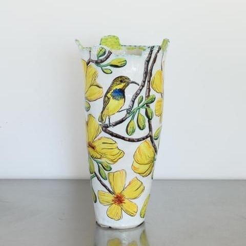 Olive-backed Sunbird and Kapok Tree Flower Lime-handled Vessel_2