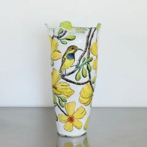 Olive-backed Sunbird and Kapok Tree Flower Lime-handled Vessel_2