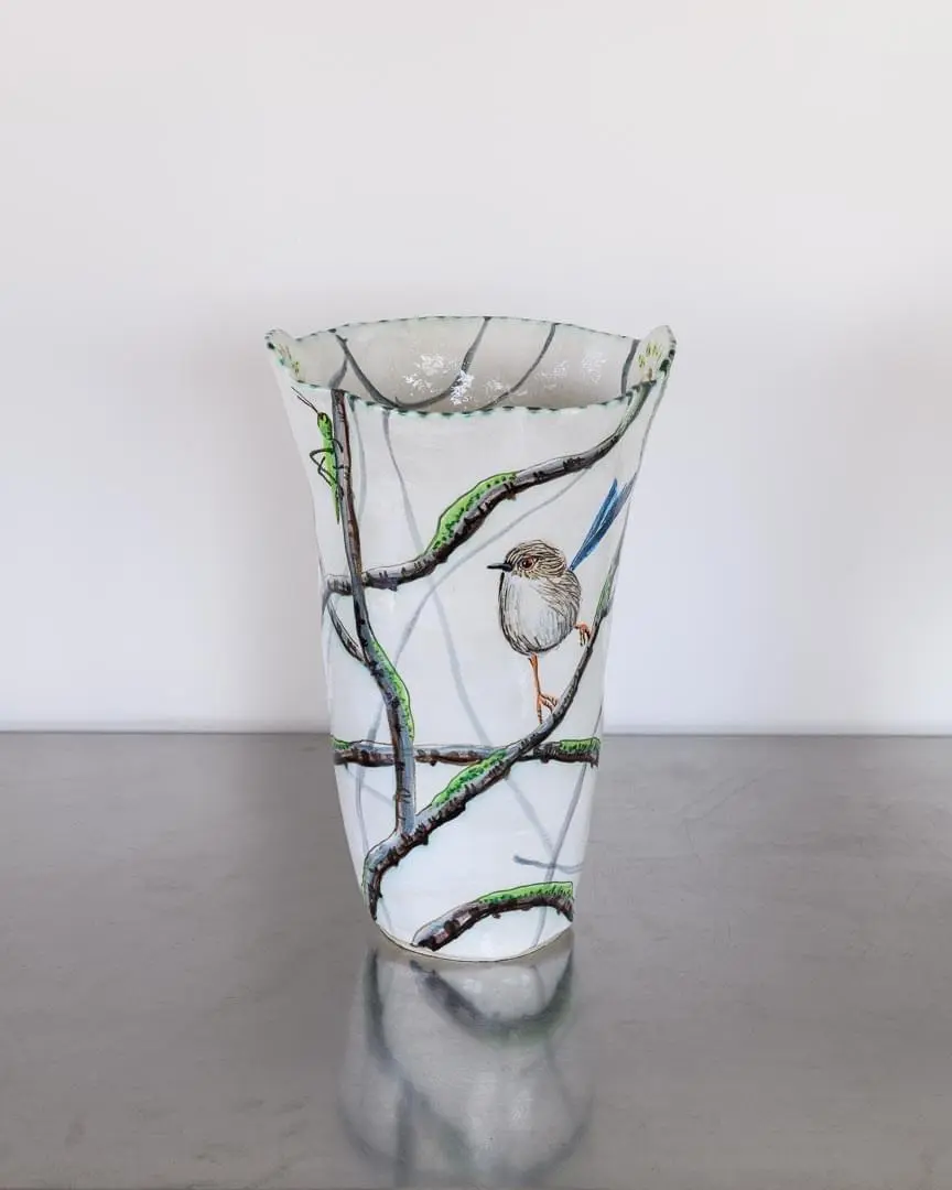 04042025_R-Blue Fairy Wren in Bare Branches Double Handled Vessel030