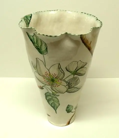 Pound pear white blossom vessel - high-fired earthenware, hand painted and glazed, 38.5 x 26 x 26cm
