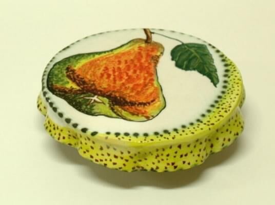 Yellow spotted pound pear cake plate - high-fired earthenware, hand painted and glazed, 7.5 x 24 x 24cm