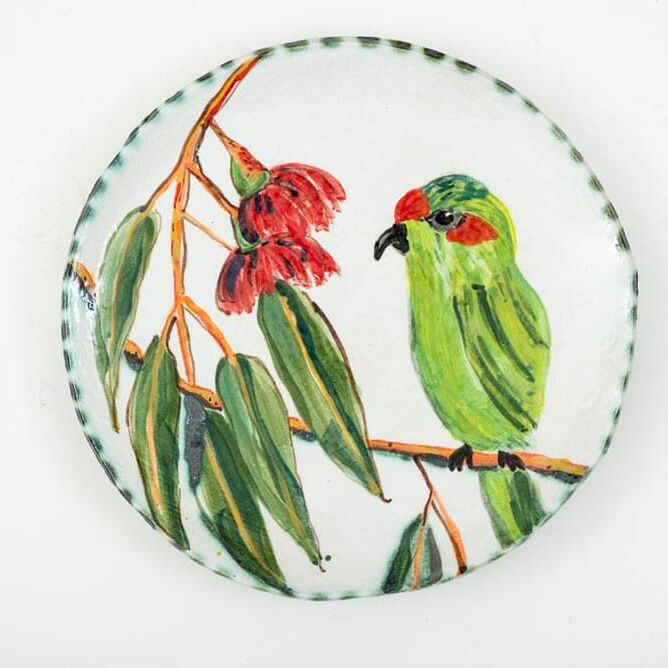 Musk lorikeet plate – stoneware, porcelain slip, oxides, stains, 22 x 23 x 3cm