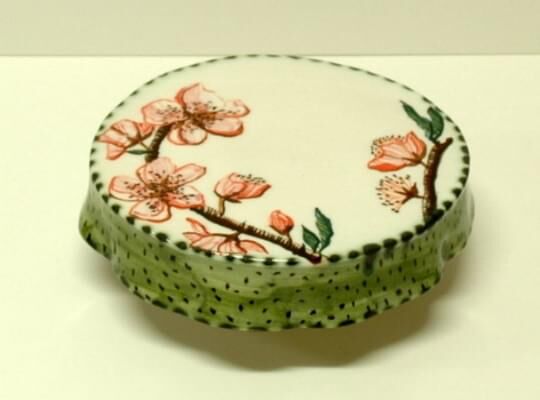 Almond blossom cake plate - high-fired earthenware, hand painted and glazed, 8 x 25 x 25cm