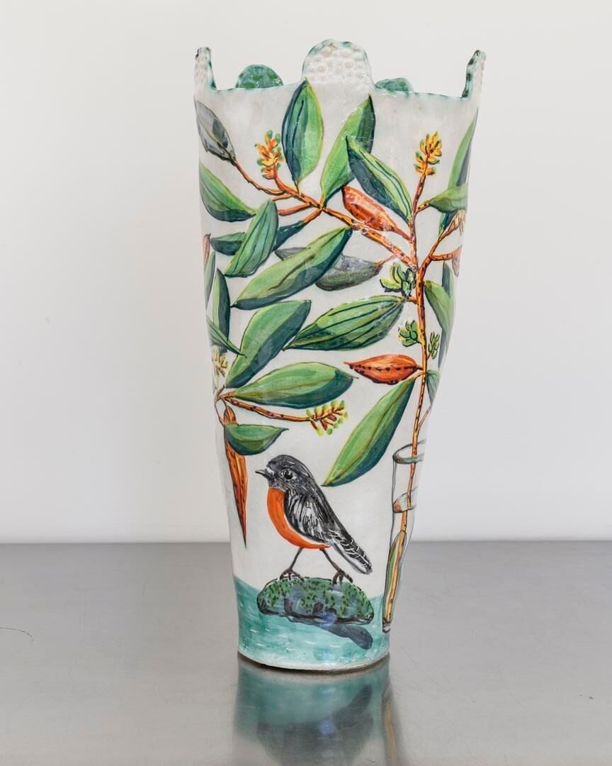 Flame Robin in Eucalyptus Blue Handled Vessel
