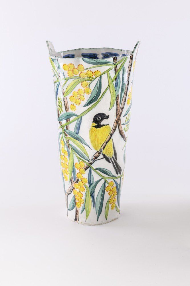 Acacia Vessel with Yellow Robin