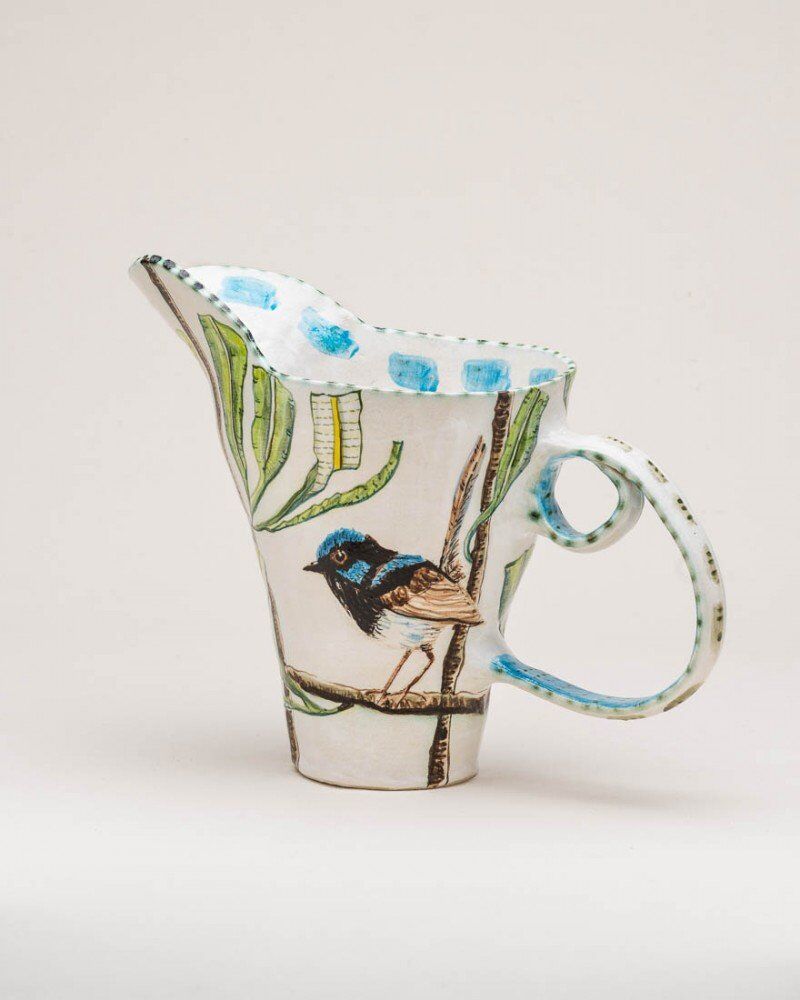Blue Wren double-handle pitcher with blue