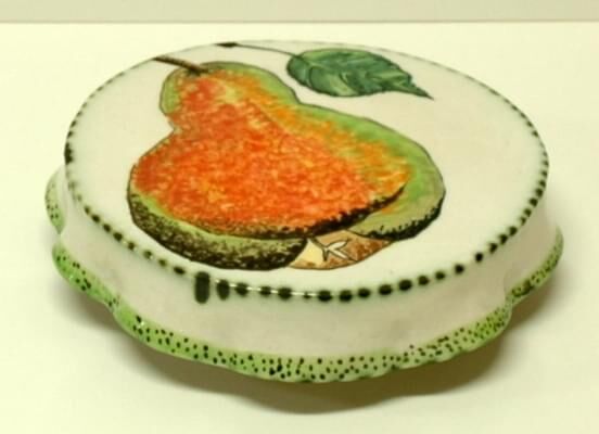 Pound pear cake plate - high-fired earthenware, hand painted and glazed, 7 x 25 x 25